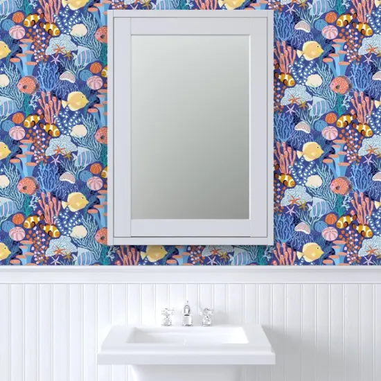 Peel & Stick Wallpaper 2FT Wide Coral Reef Blue Colorful Tropical Under The Sea Coastal Custom Removable Wallpaper by Spoonflower {6}