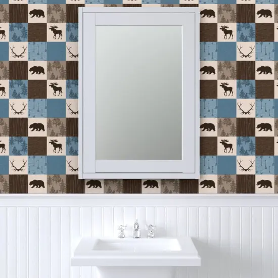 Pre-Pasted Wallpaper 2FT Wide Brown Woodland Bears Patchwork Moose Antlers Wildlife Cabincore Tree Arrows Cheater Quilt Nature Cabin Custom Pre-pasted Wallpaper by Spoonflower {6}