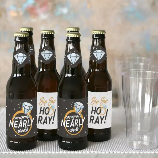 Big Dot of Happiness Just Engaged - Black and White - Engagement Party Decorations for Women and Men - 6 Beer Bottle Label Stickers and 1 Carrier {7}