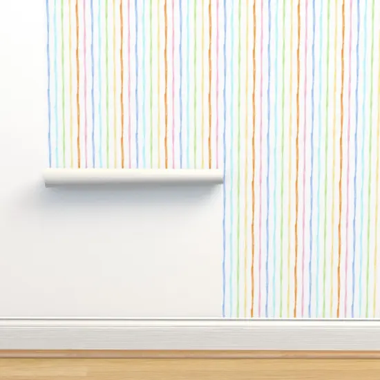 Peel & Stick Wallpaper 2FT Wide Rainbow Stripes Pastel Modern Abstract Colorful Lines Soft Watercolor Custom Removable Wallpaper by Spoonflower {2}