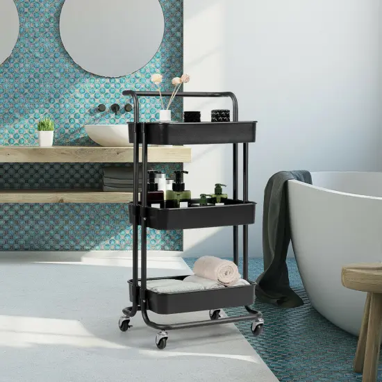 3-Tier Multi-Purpose Vertical Utility Cart with Smooth Casters Ample Storage and Drainage Design Black {3}