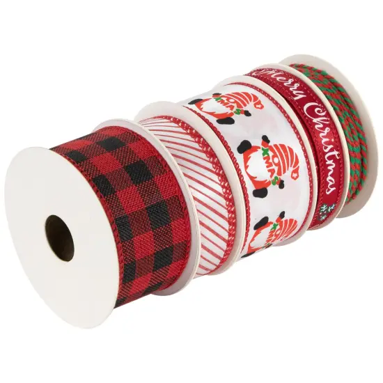 Northlight Set of 5 Santa Gnome Matching Themed Craft Christmas Ribbons 1.5" x 3 Yards White {4}