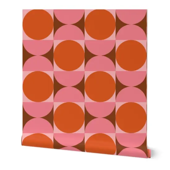 Peel & Stick Wallpaper 2FT Wide Pink Retro Orange Circles Geometric Abstract Square 60S Mid Century Modern Large Scale Custom Removable Wallpaper by Spoonflower {7}