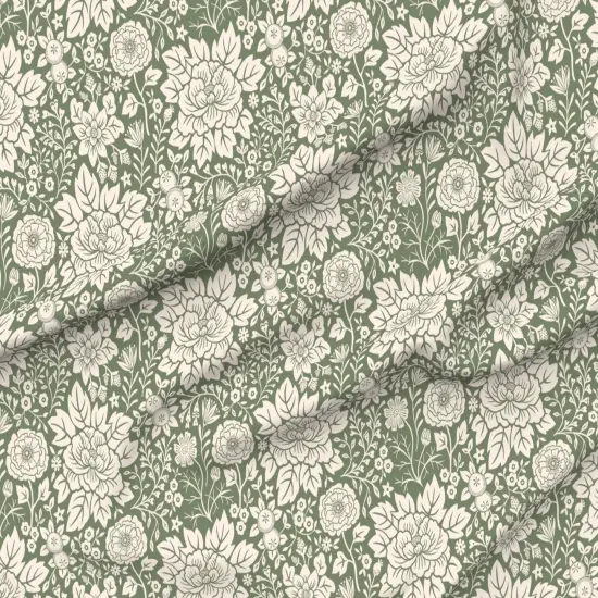 Various Fabrics by the Yard or Fat Quarter Sage Green Floral Hand Drawn Traditional Classic Serene And Cream Block Print Custom Printed Fabric by Spoonflower {6}