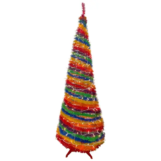 Northlight 6' Pre-Lit Rainbow Tinsel Pop-Up Artificial Christmas Tree, Clear Lights Multi {1}