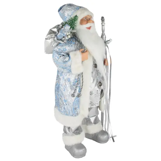 Northlight 24" Blue and Silver Ice Palace Santa Claus with Staff and Bag Christmas Figure {4}