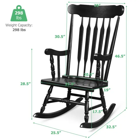 Solid Wood Porch Glossy Finish Rocking Chair Black {4}