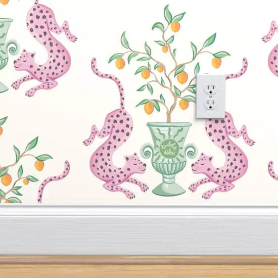 Peel & Stick Wallpaper 2FT Wide Whimsical Pink Green Orange Damask Animals Botanical Custom Removable Wallpaper by Spoonflower {4}