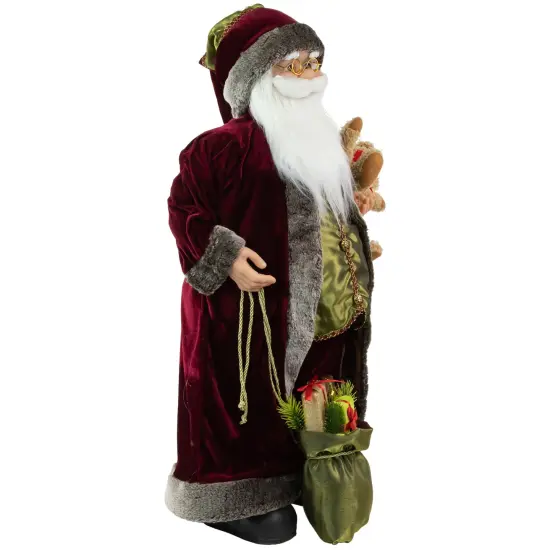 Northlight 32" Burgundy Santa Claus with Teddy Bear and Gift Bag Christmas Figure Red {4}