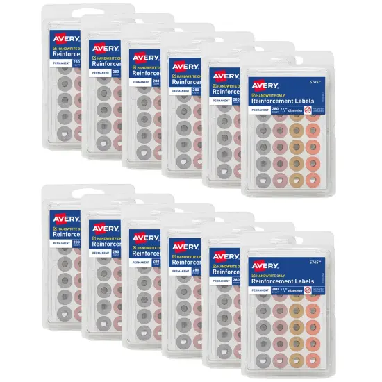 Avery Reinforcement Labels, 1/4" Diameter, Permanent Adhesive, Assorted Metallic Colors, Non-Printable, 12 Packs, 3,360 Page Reinforcement Stickers (21920) {1}