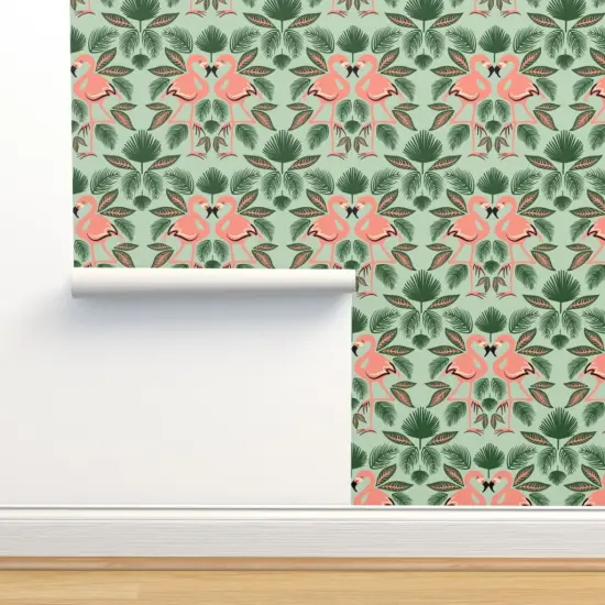 Pre-Pasted Wallpaper 2FT Wide Flamingo Palm Leaves Green Pink Tropics Island Custom Pre-pasted Wallpaper by Spoonflower {2}