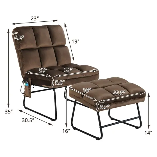 Massage Chair Velvet Accent Sofa Chair with Ottoman and Remote Control Brown {3}