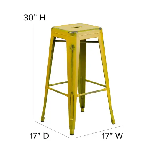 Emma and Oliver Commercial Grade 4 Pack 30" High Backless Distressed Metal Indoor-Outdoor Barstool Yellow {4}