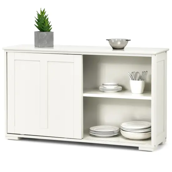 Kitchen Storage Cupboard Cabinet with Sliding Door and Adjustable Shelf Cream White {4}