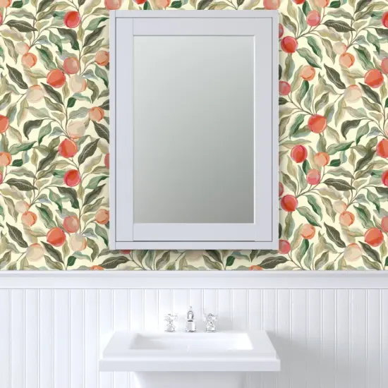 Peel & Stick Wallpaper 2FT Wide Peaches Fruit Leaves Botanical Floral Food Sage Green Peach Custom Removable Wallpaper by Spoonflower {6}
