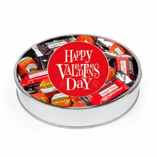 Valentine's Day Sugar Free Candy Gift Tin Large Plastic Tin with Red Sticker and Hershey's Chocolate & Reese's Mix {1}