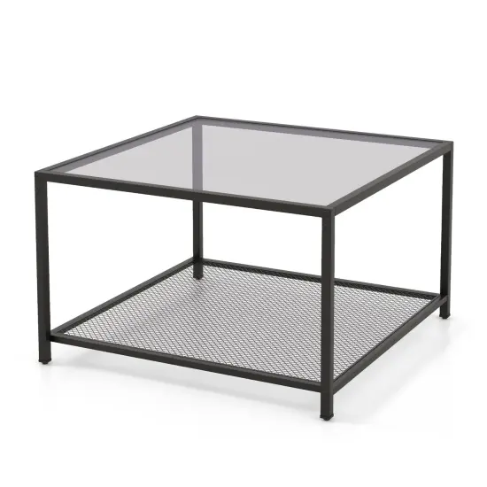 Modern 2-tier Square Glass Coffee Table With Mesh Shelf Grey {4}