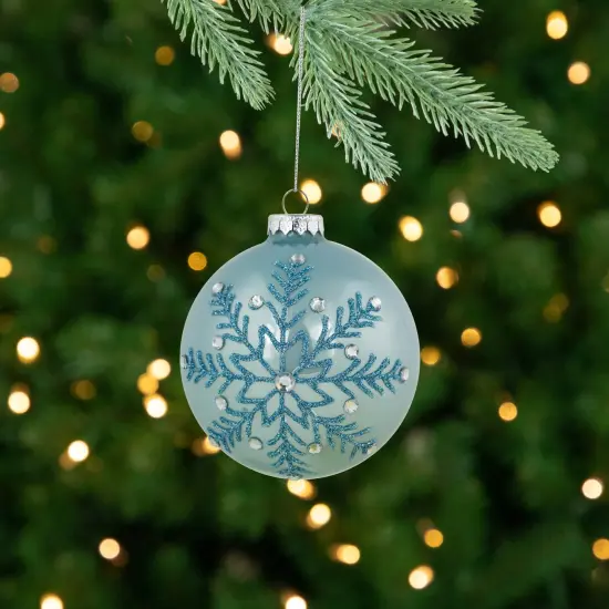 Northlight Glittered and Jeweled Snowflake Christmas Glass Ball Ornaments - 4" - Ice Blue {3}
