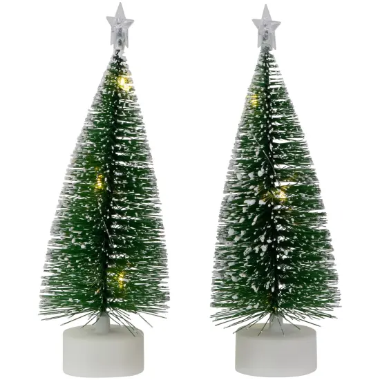 Northlight LED Lighted Mini Bottle Brush Pine Christmas Village Trees - Warm White - Set of 2 Green {7}