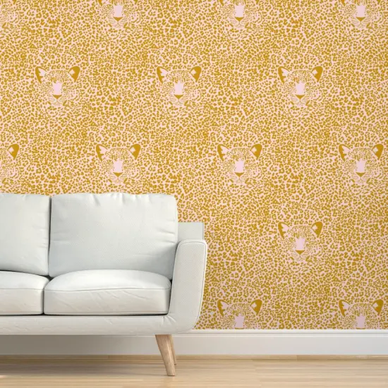 Pre-Pasted Wallpaper 2FT Wide Pink Leopard Mustard Yellow Jumbo Animal Print Bold Spots Custom Pre-pasted Wallpaper by Spoonflower {5}
