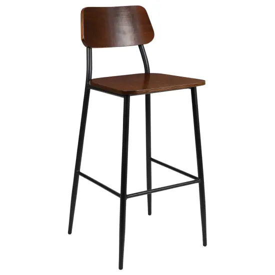 Merrick Lane Copenhagen Industrial Bar and Kitchen Stool with Gunmetal Steel Frame and Wood Seat Mahogany {1}