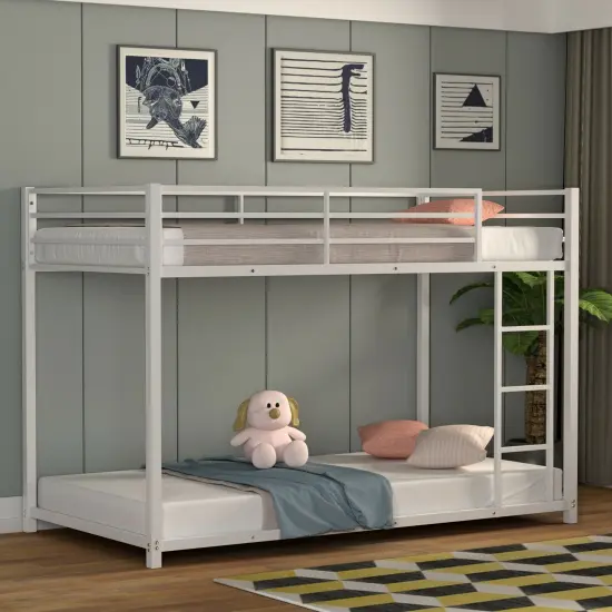 Steel Twin Bunk Bed with Ladder and Guardrails White {3}
