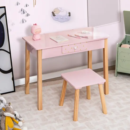 2-in-1 Children Vanity Table Stool Set with Mirror-Pink {6}