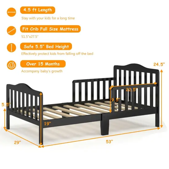 Classic Design Kids Wood Bed Frame with Two Side Safety Guardrails Black {4}
