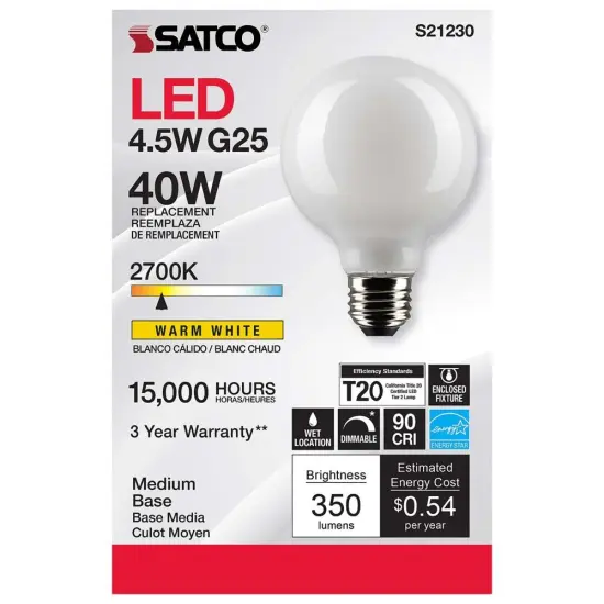 6Pk - Satco 4.5w G25 Globe LED 2700K E26 Medium Base White Dimmable - 40w equiv Warm White {4}