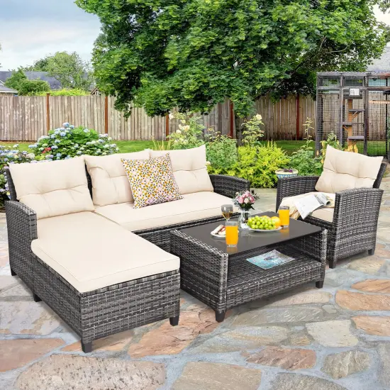 4 Pieces Patio Rattan Furniture Set With Cushion And Table Shelf Off-White {2}