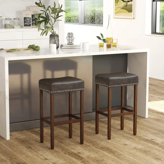 Costway 29.5" Wood Frame PU Leather Upholstered Bar Stools Set of 2 with Footrests Brown/Grey {2}