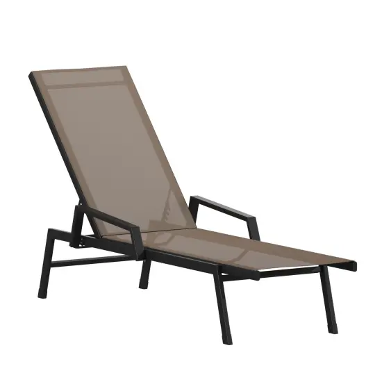 Emma and Oliver Braelin Textilene Adjustable 5 Position Patio Chaise Lounge with Armrests and Metal Frame Black/Black {6}
