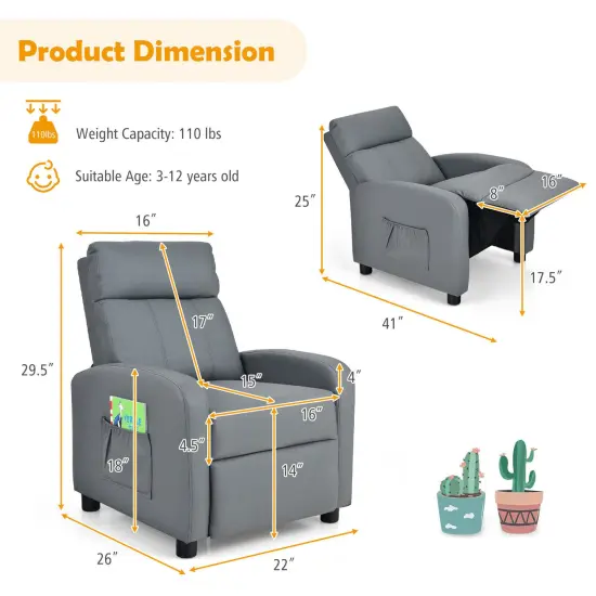 Ergonomic PU Leather Kids Recliner Lounge Sofa for 3-12 Age Group Grey {4}