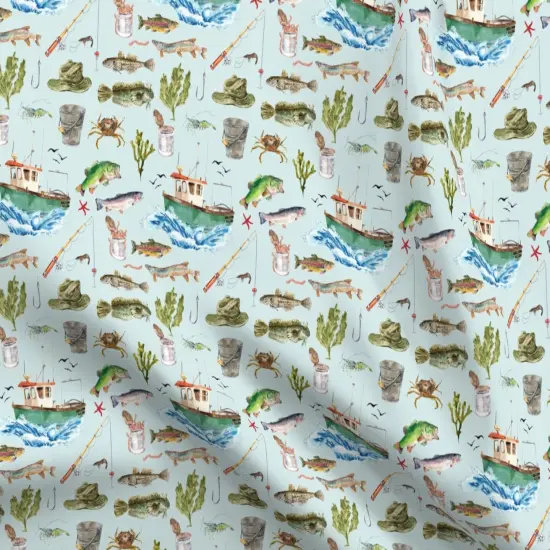 Various Fabrics by the Yard or Fat Quarter Watercolor Adventure Fish Boat Nautical Light Blue Custom Printed Fabric by Spoonflower {5}