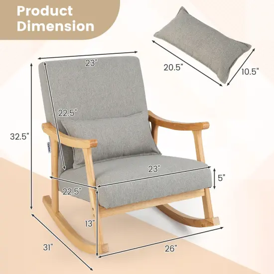 Upholstered Rocking Chair with Pillow and Rubber Wood Frame-Gray {4}