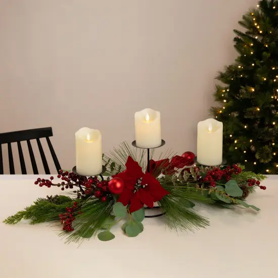 Northlight Poinsettia and Berries Christmas Tripe Pillar Candle Holder - 32" Green {4}