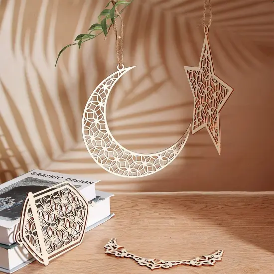 9 PCS Wooden Pendant Ornament Ramadan Kareem Hollow Decoration Moon Star Wind Light Shape Pendant Ornament Happy Eid Hanging Sign for Ramadan Mubarak Eid Party Decorations {6}