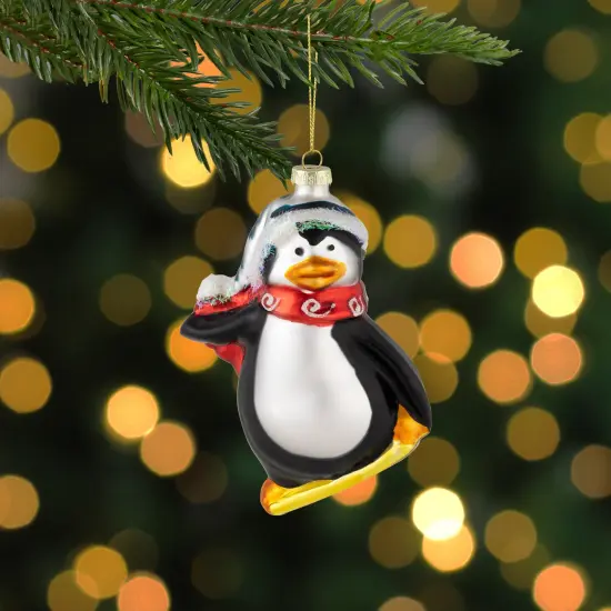 Northlight Snowboarding Penguin Glass Christmas Ornament - 4.25" - Black, White and Red {3}