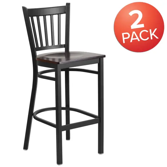 Emma and Oliver 2 Pack Vertical Back Metal Restaurant Barstool Walnut/BlackMetal {5}