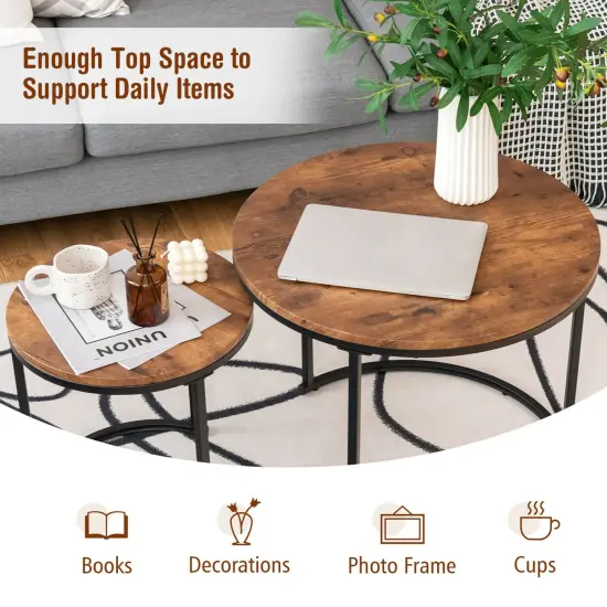 Set of 2 Modern Round Stacking Nesting Coffee Tables for Living Room Rustic Brown {4}