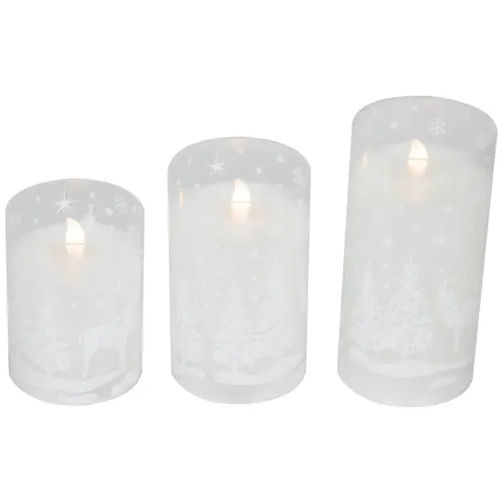 Northlight LED Flameless Flickering Snowy Woodland Glass Christmas Pillar Candles - 6" - Set of 3 White {5}