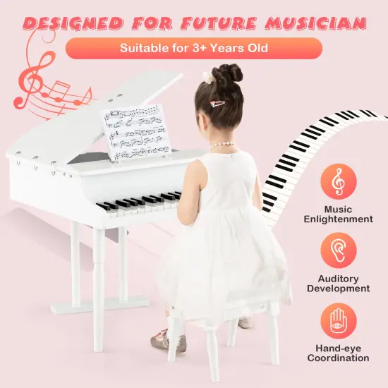 MDF and Birch Kids Classical Piano with Bench, Music Stand and Safe Design White {3}