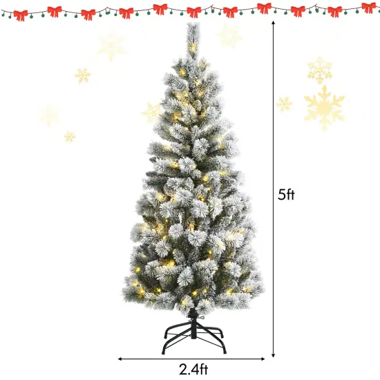 Costway 5FT Pre-Lit Hinged Christmas Tree Snow Flocked w/9 Modes Remote Control Lights {3}