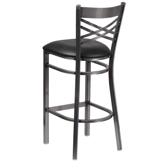Emma and Oliver 2 Pack Clear Coated "X" Back Metal Restaurant Barstool BlackVYL/ClearCoated {3}