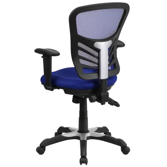 Emma and Oliver Mid-Back Mesh Triple Paddle Swivel Ergonomic Office Chair with Adjustable Arms Blue {4}