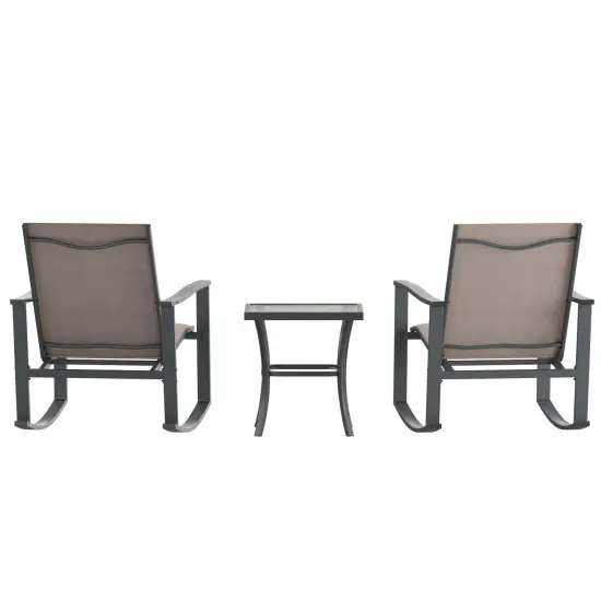 Merrick Lane Brevyn 3 Piece Outdoor Bistro Set with Flex Comfort Rocking Chairs and Steel Framed Glass Top Table Gray {9}