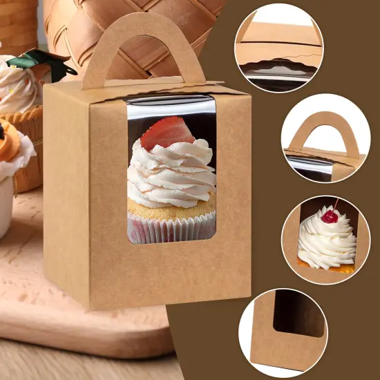60 Pieces Kraft Cupcake Boxes, Cupcake Carrier with Window Insert and Handle Kraft Pastry Containers Muffins Cupcake Carriers for Bakery Wrapping Party Favor Packing {5}