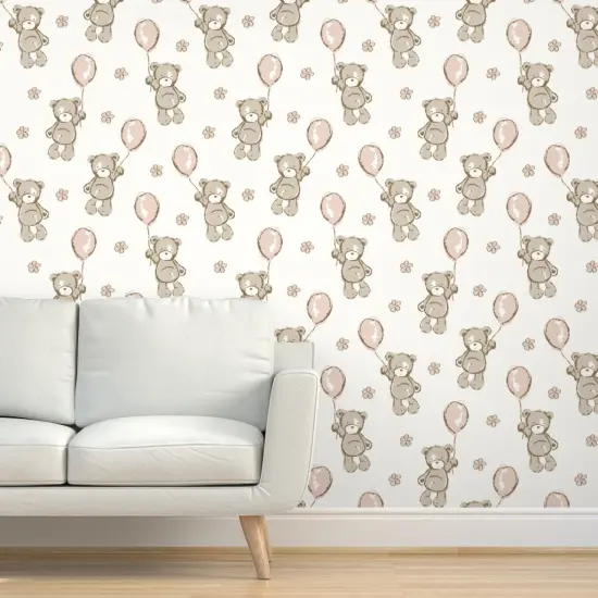 Pre-Pasted Wallpaper 2FT Wide Teddy Bear Pink Balloons Shower Small Scale Custom Pre-pasted Wallpaper by Spoonflower {5}