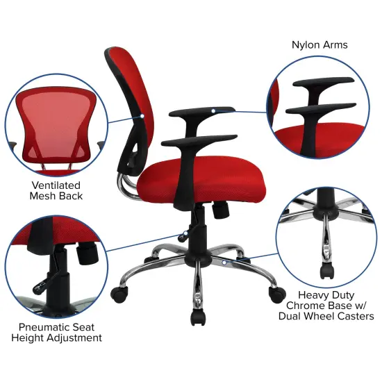 Emma and Oliver Mid-Back Mesh Swivel Task Office Chair with Chrome Base and Arms Red {2}