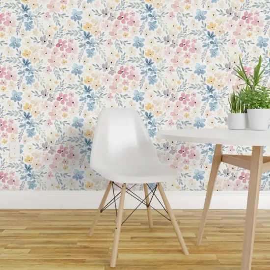 Peel & Stick Wallpaper 2FT Wide Whimsical Floral Watercolor Flowers Nature Botanical Pink Blue Pastel Spring Custom Removable Wallpaper by Spoonflower {1}